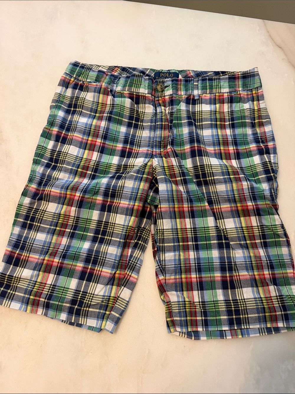 Polo by Ralph Lauren Green-Blue Multi Plaid Flat Front Shorts LIKE NEW!!